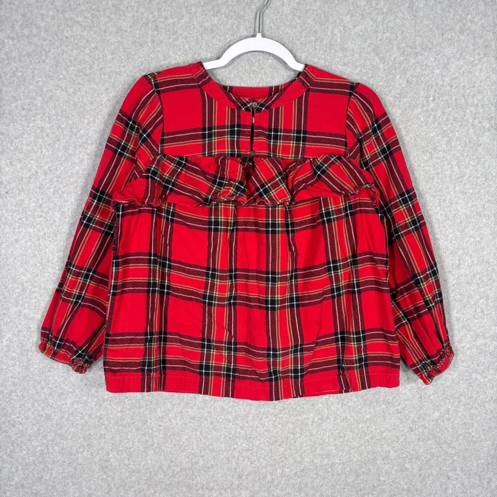 J Crew Tartan Plaid Flannel Ruffle Blouse Small Red Popover Festive Twee Country